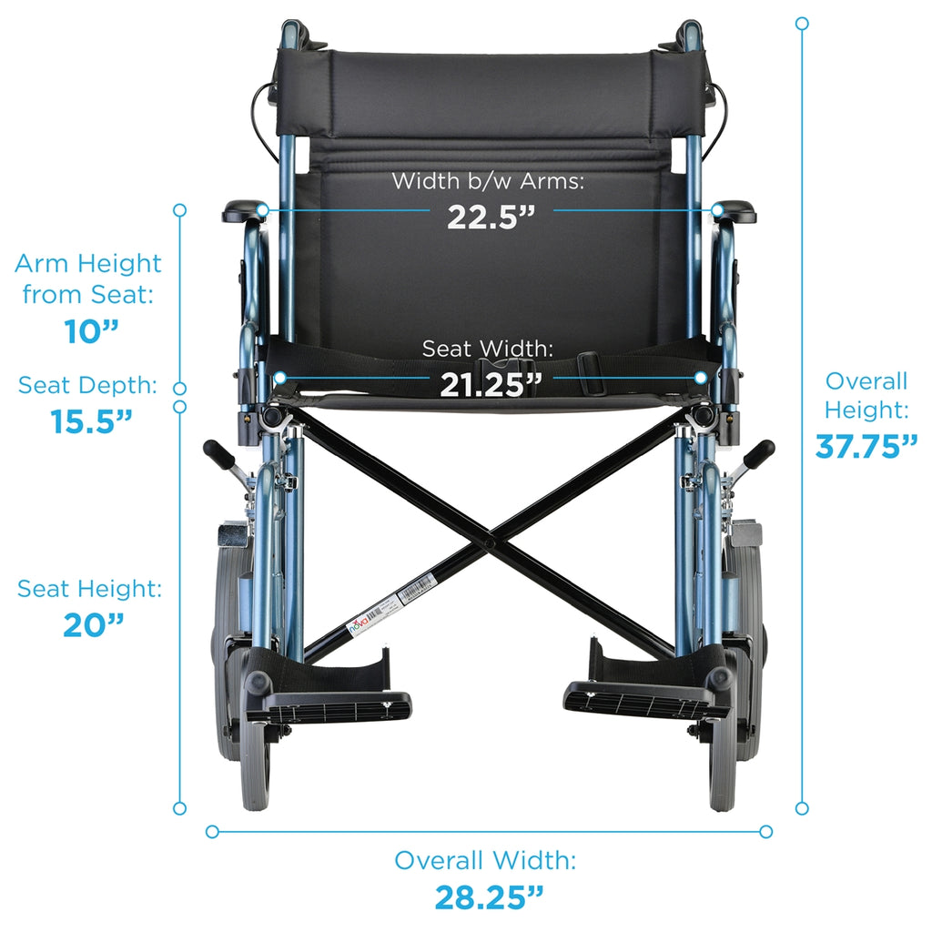 Nova Medical 22 Inches Heavy Duty Transport Chair, 12" Rear Wheels