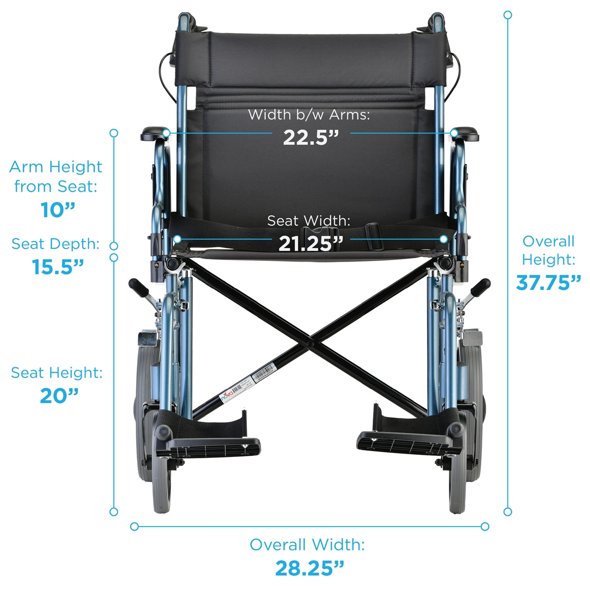 Nova Medical 22 Inches Heavy Duty Transport Chair, 12" Rear Wheels