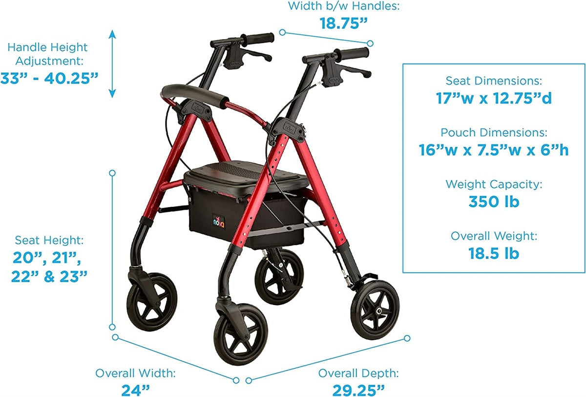 Nova Medical Star DX Rollator Walker with Wide Padded Seat & 8” Wheels