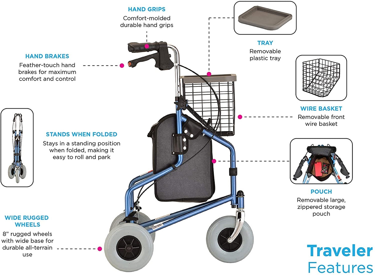 NOVA Traveler 3 Wheel Rollator Walker, All Terrain 8" Wheels