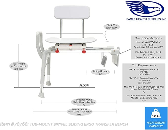 Eagle Health 78768 - Swivel & Sliding Ergo Tub Transfer Bench, Tool Free