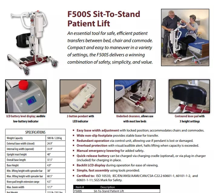 Span America F500S Powered Sit-To-Stand Patient Lift - 500 lb Capacity