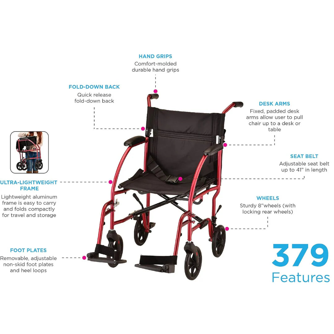 Nova Ultra Lightweight Transport Chair - 19" with Swing Away Footrest