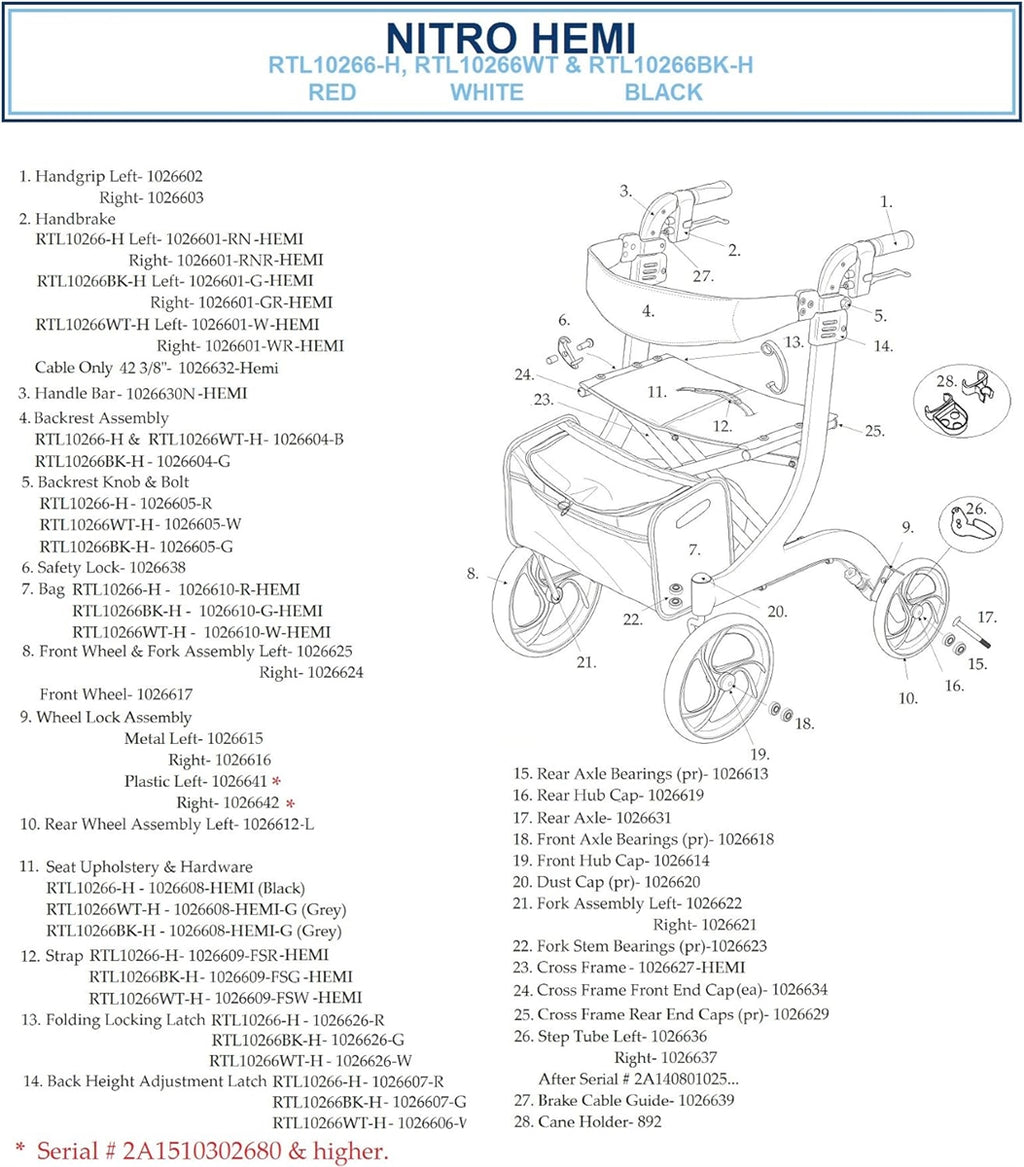 Nitro Aluminum Rollator, Hemi Height, 10" Casters