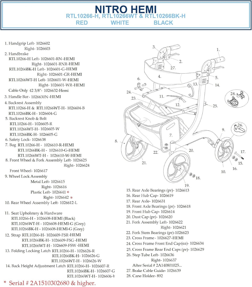 Nitro Aluminum Rollator, Hemi Height, 10" Casters